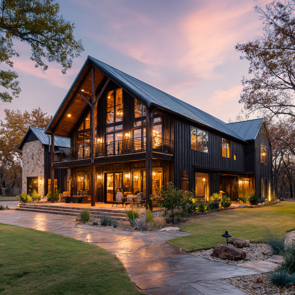 Modern black barndominium with soaring windows and warm interior lighting at dusk