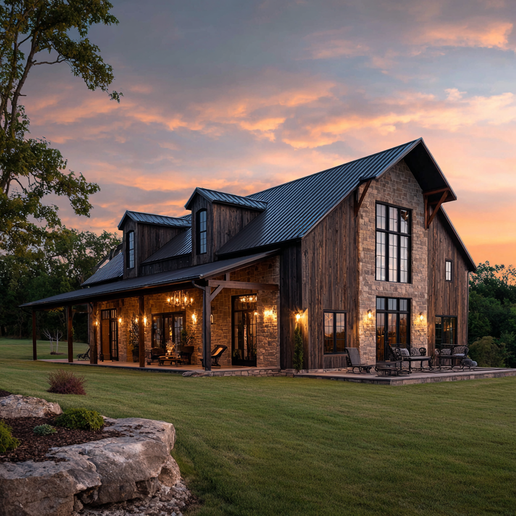 Custom barndominium with stone and reclaimed wood exterior at sunset