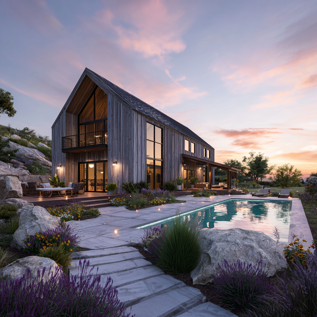 Contemporary barndominium with pool and lavender landscaping at golden hour