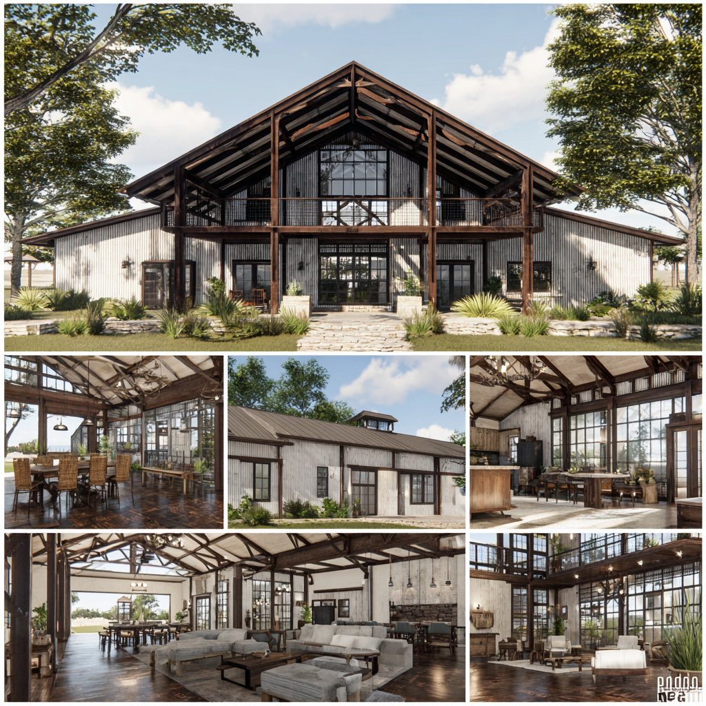 Custom barndominium exterior and interior design collage