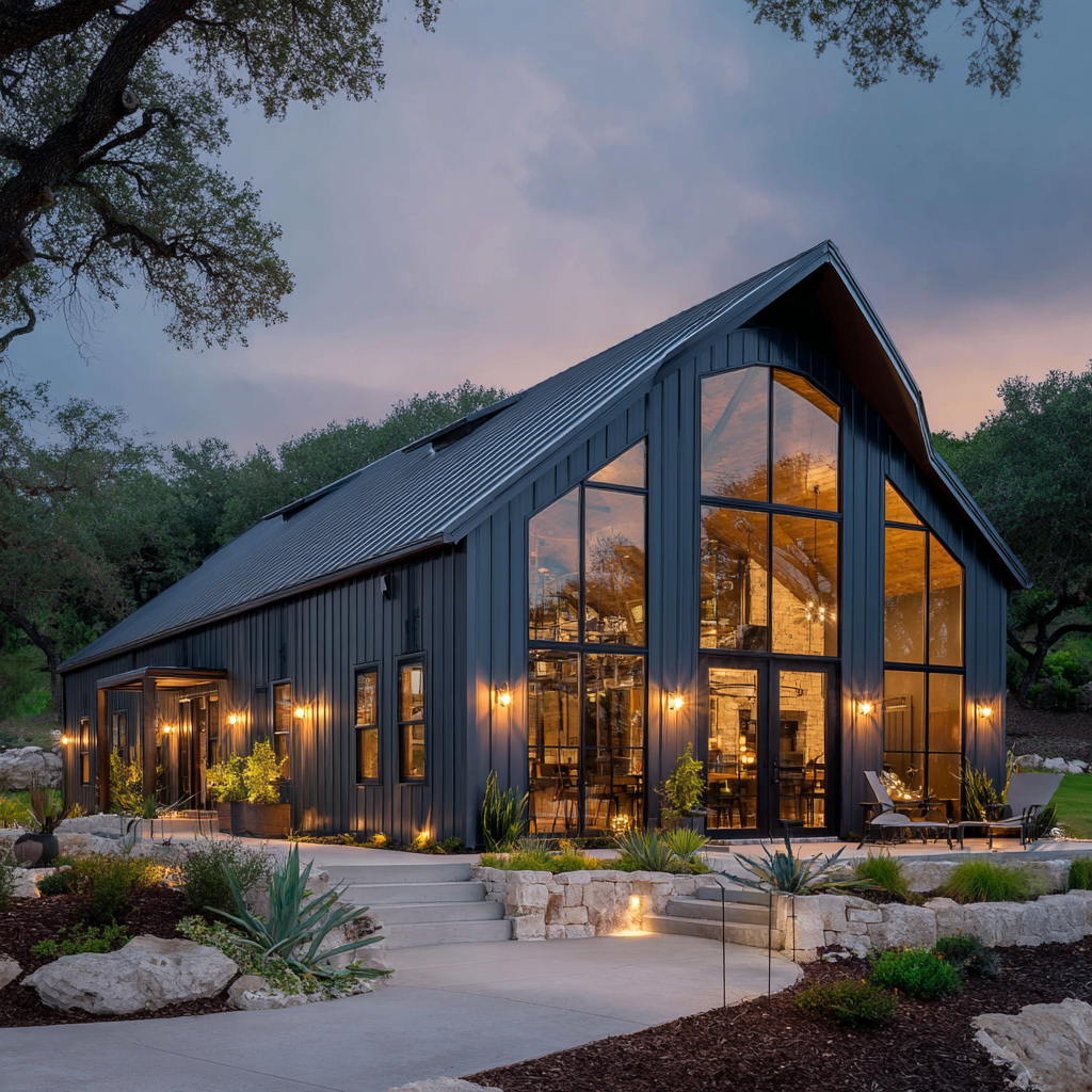 Charcoal barndominium with dramatic glass gable wall glowing at twilight
