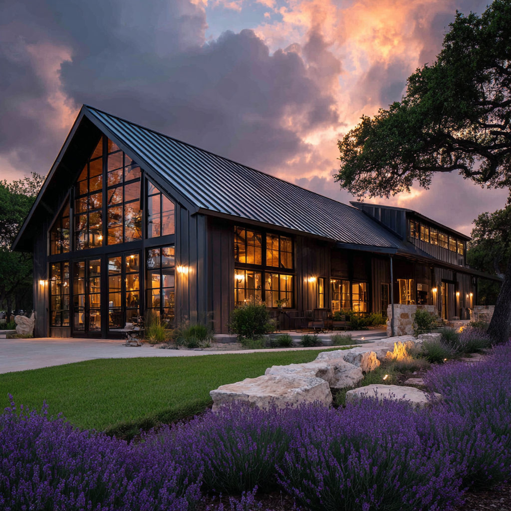 Dark barndominium with floor-to-ceiling windows and lavender garden at dusk