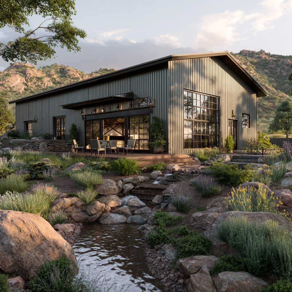 Custom modern barndominium with mountain backdrop and native rock garden