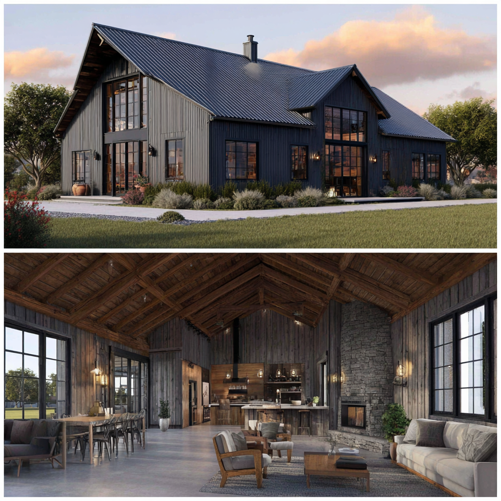 Navy barndominium exterior with vaulted wood beam interior and open kitchen