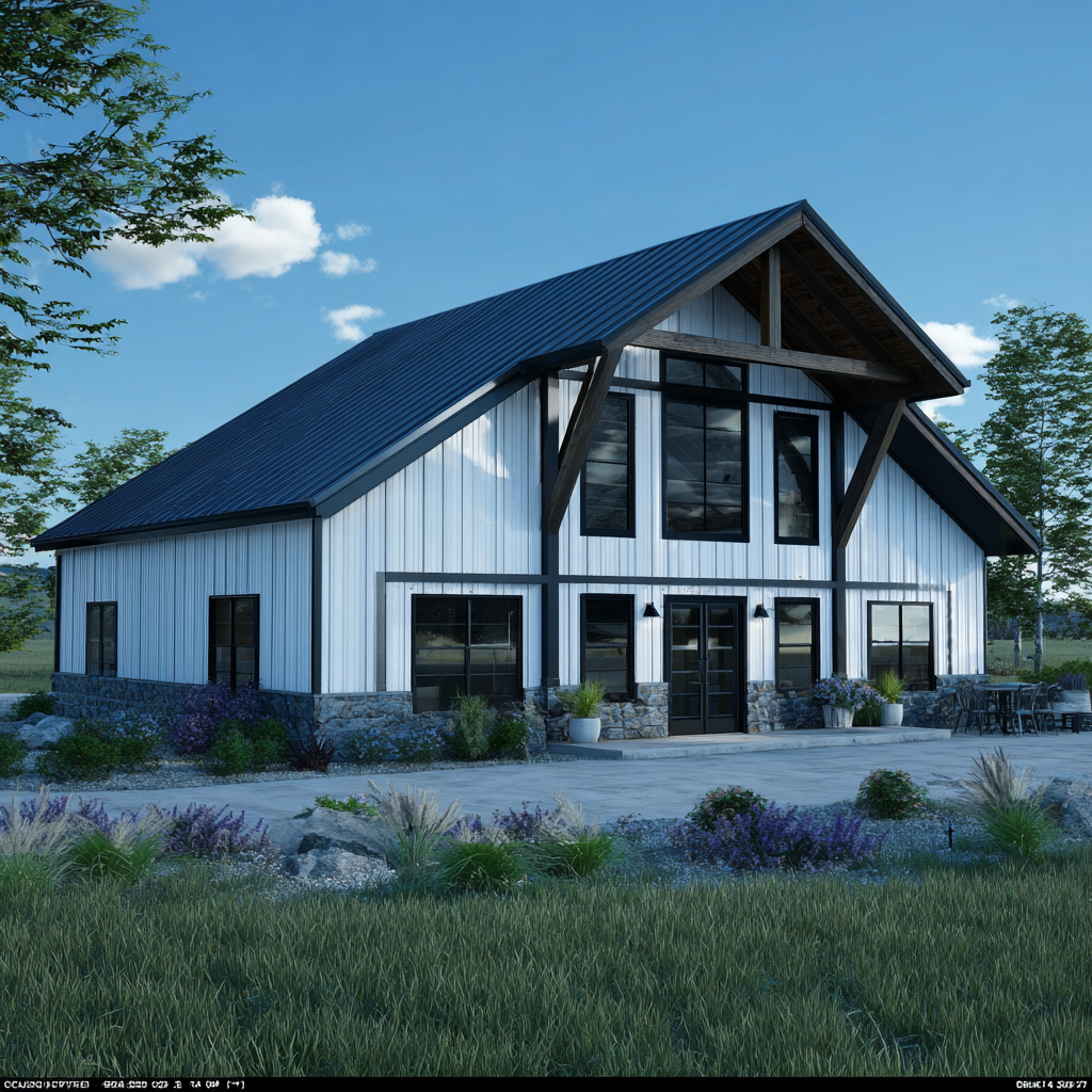 White barndominium with timber frame gable and stone base