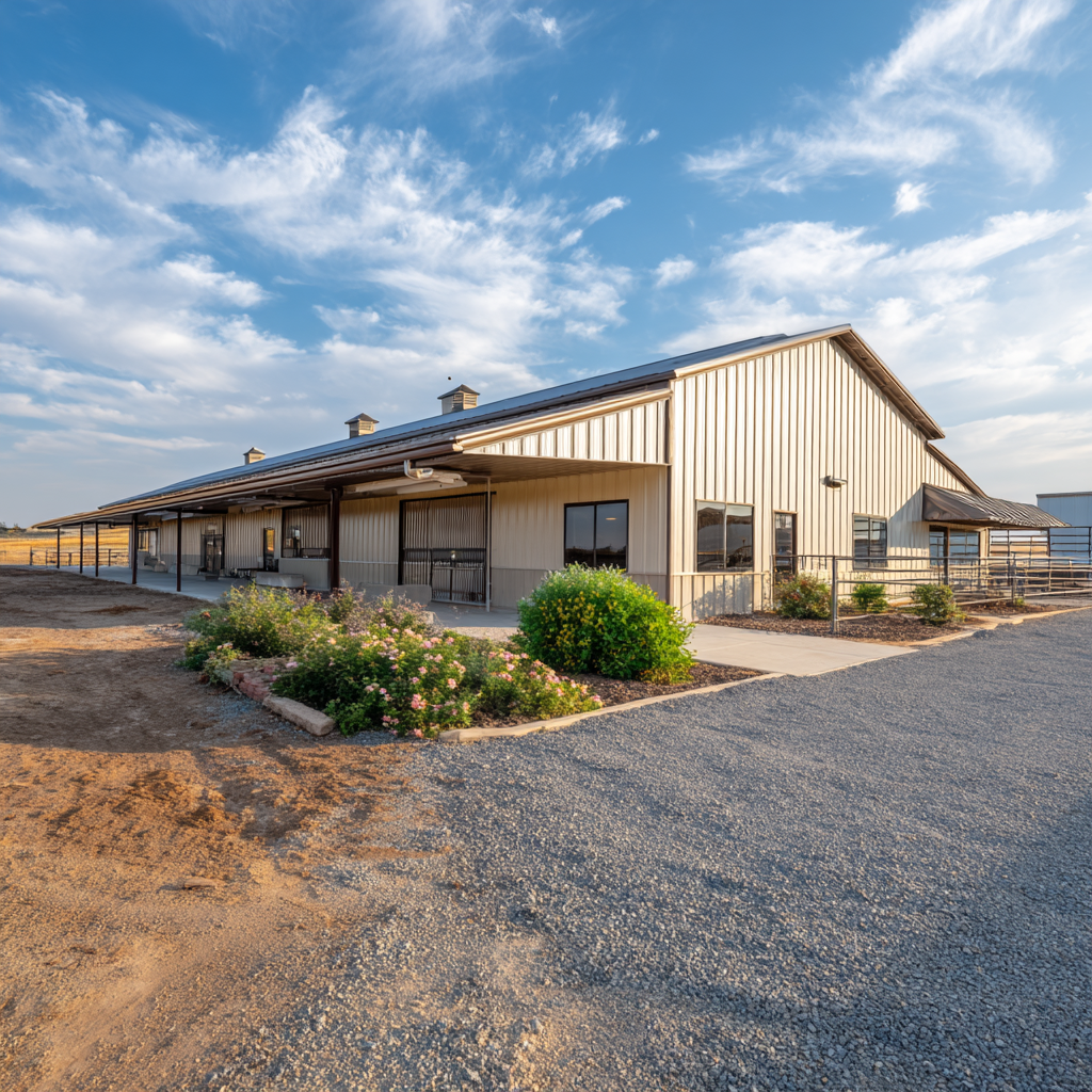 12-stall metal equestrian facility with covered walkway and landscaping