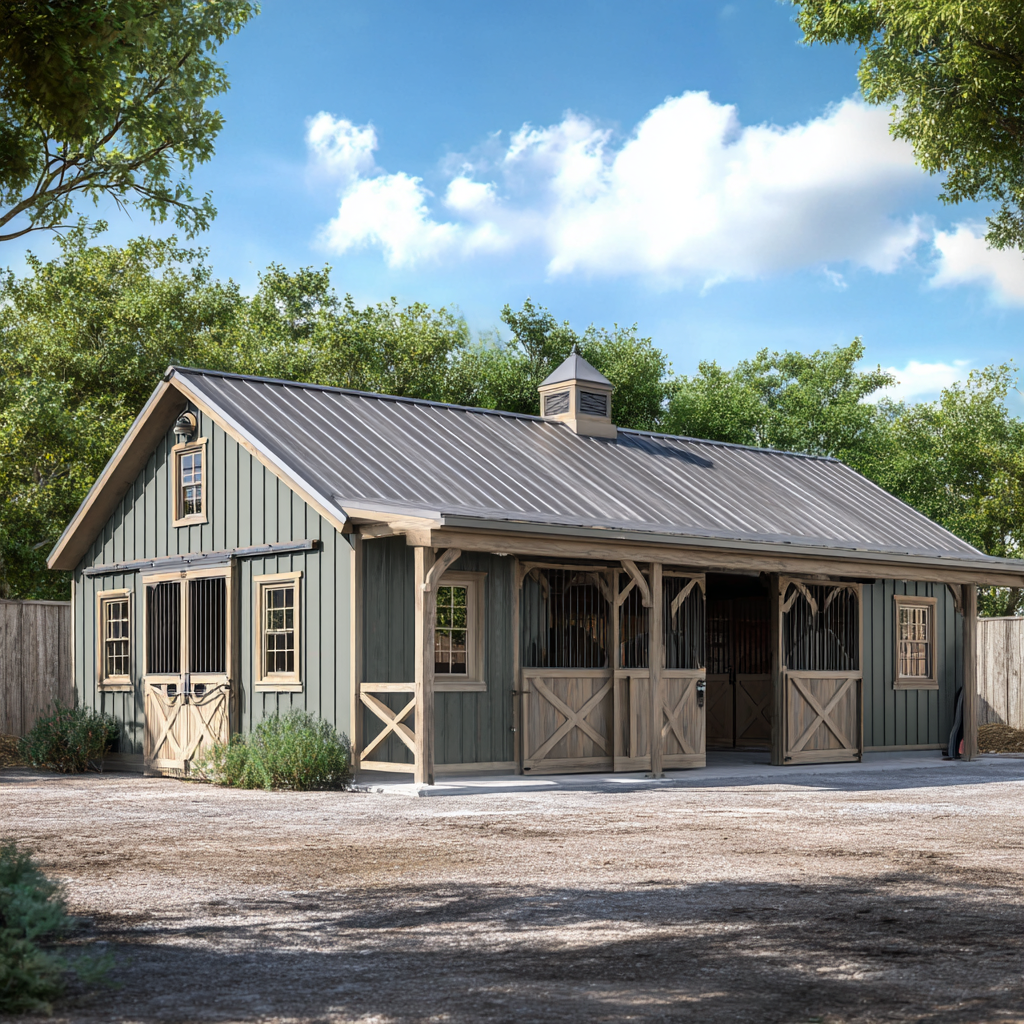 Custom 4-stall horse barn with sage green siding and wood stall doors
