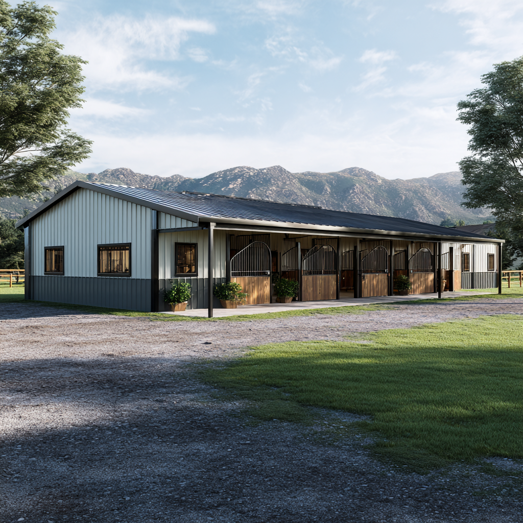 6-stall metal horse barn with covered aisle and mountain backdrop