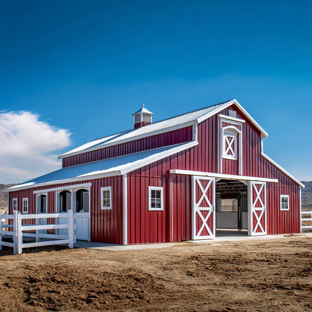 Classic red and white horse barn under a bright blue sky
