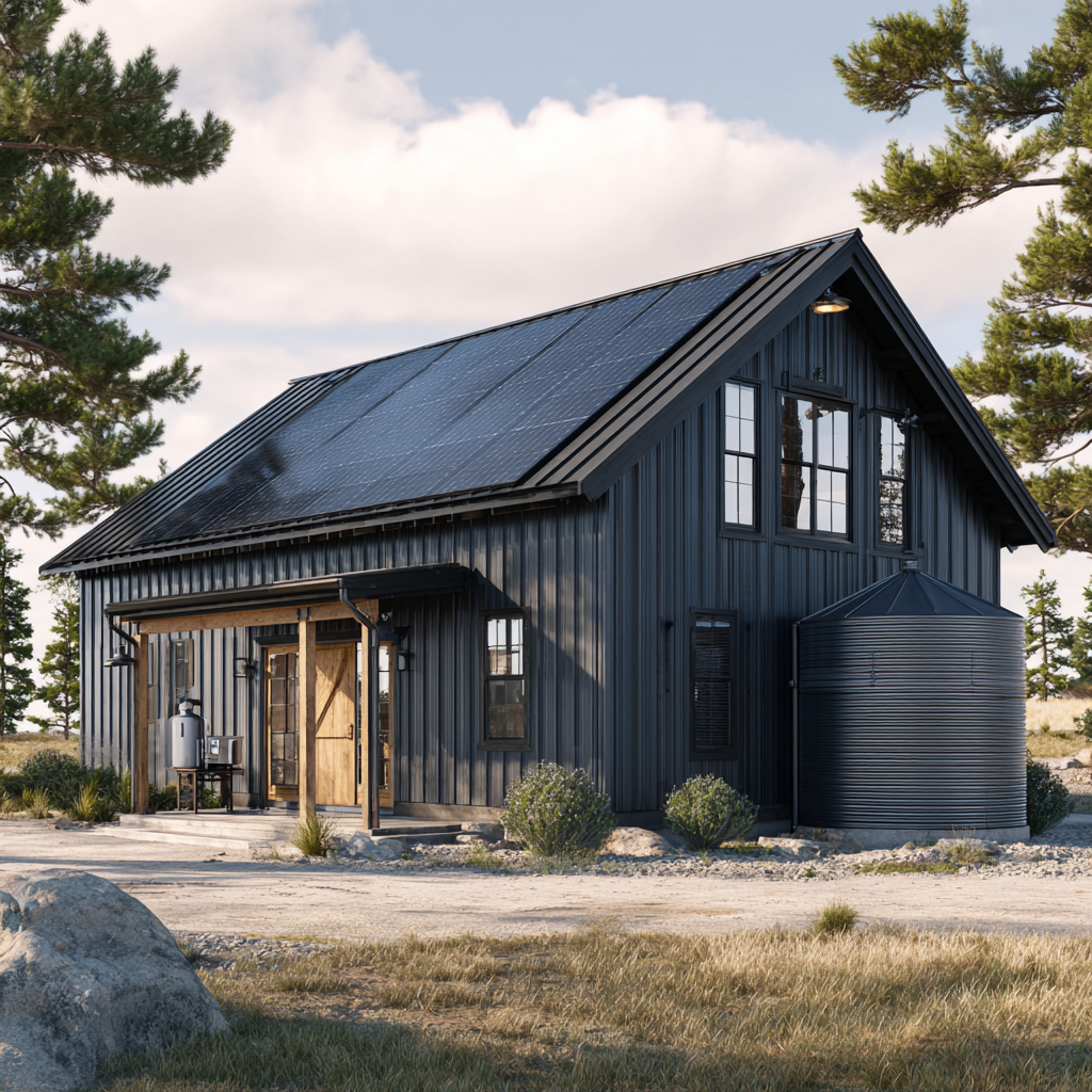 Off-grid barn with solar panels and rainwater collection tank