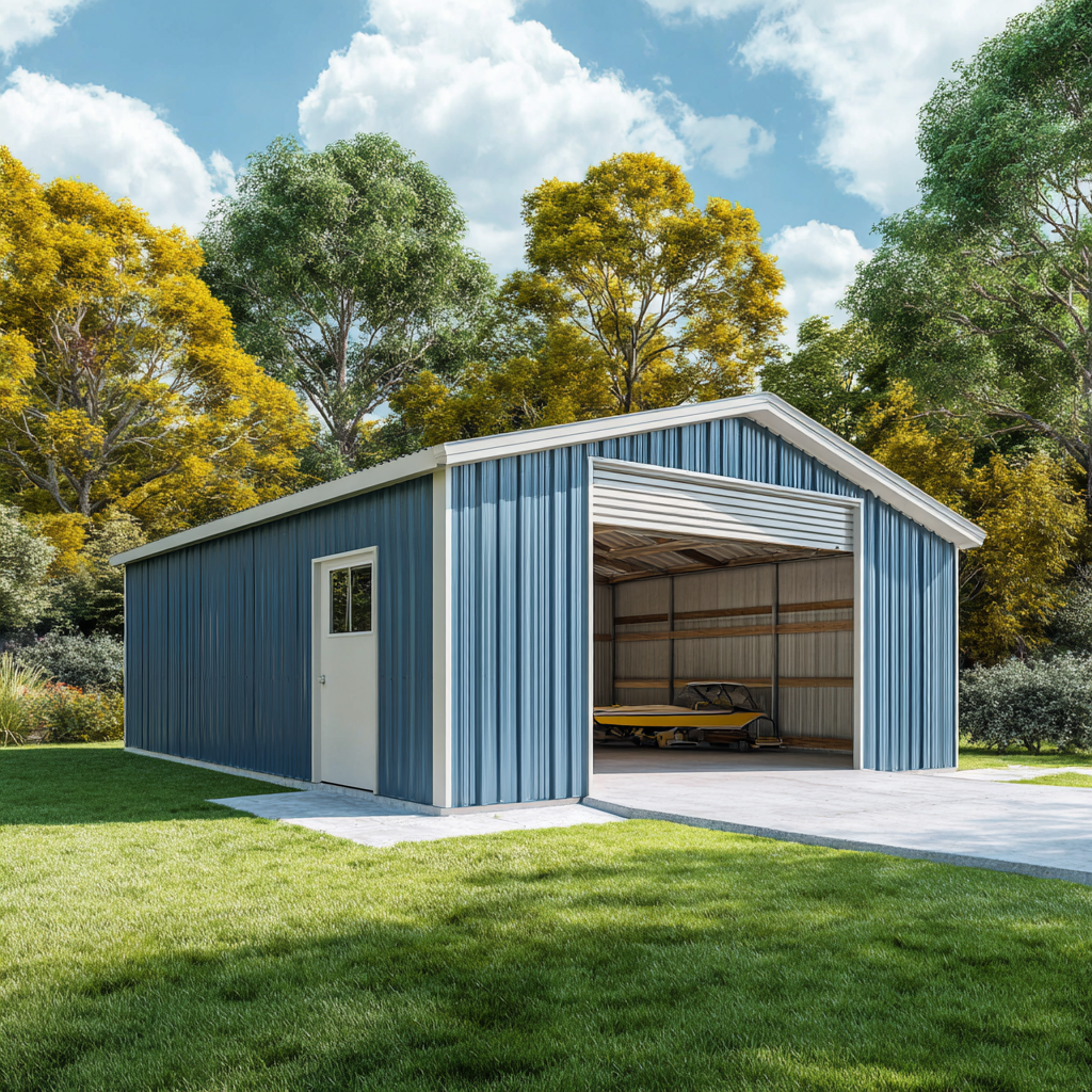 Blue steel backyard storage barn with roll-up door and boat inside