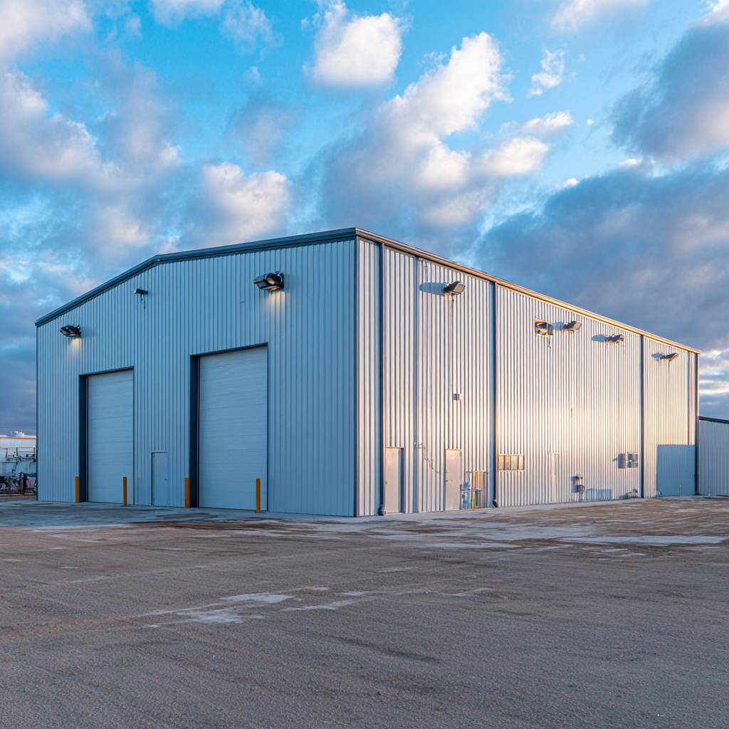 Large commercial steel storage building with two roll-up doors at dusk