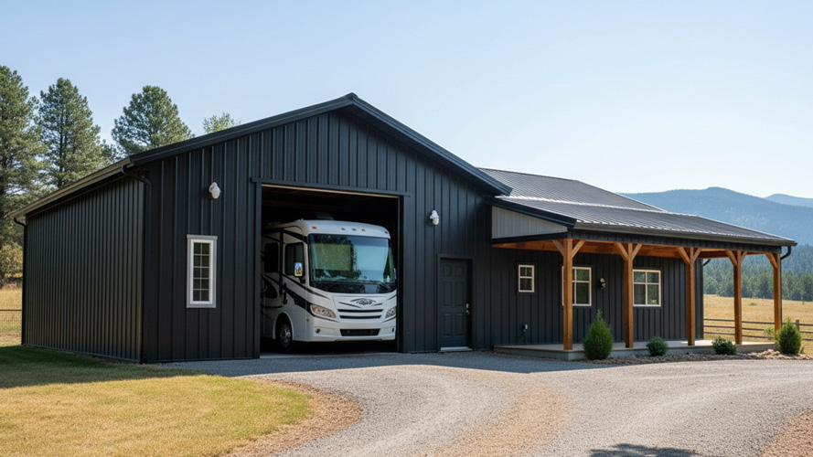 Black steel storage and living combo barn with RV bay and covered porch