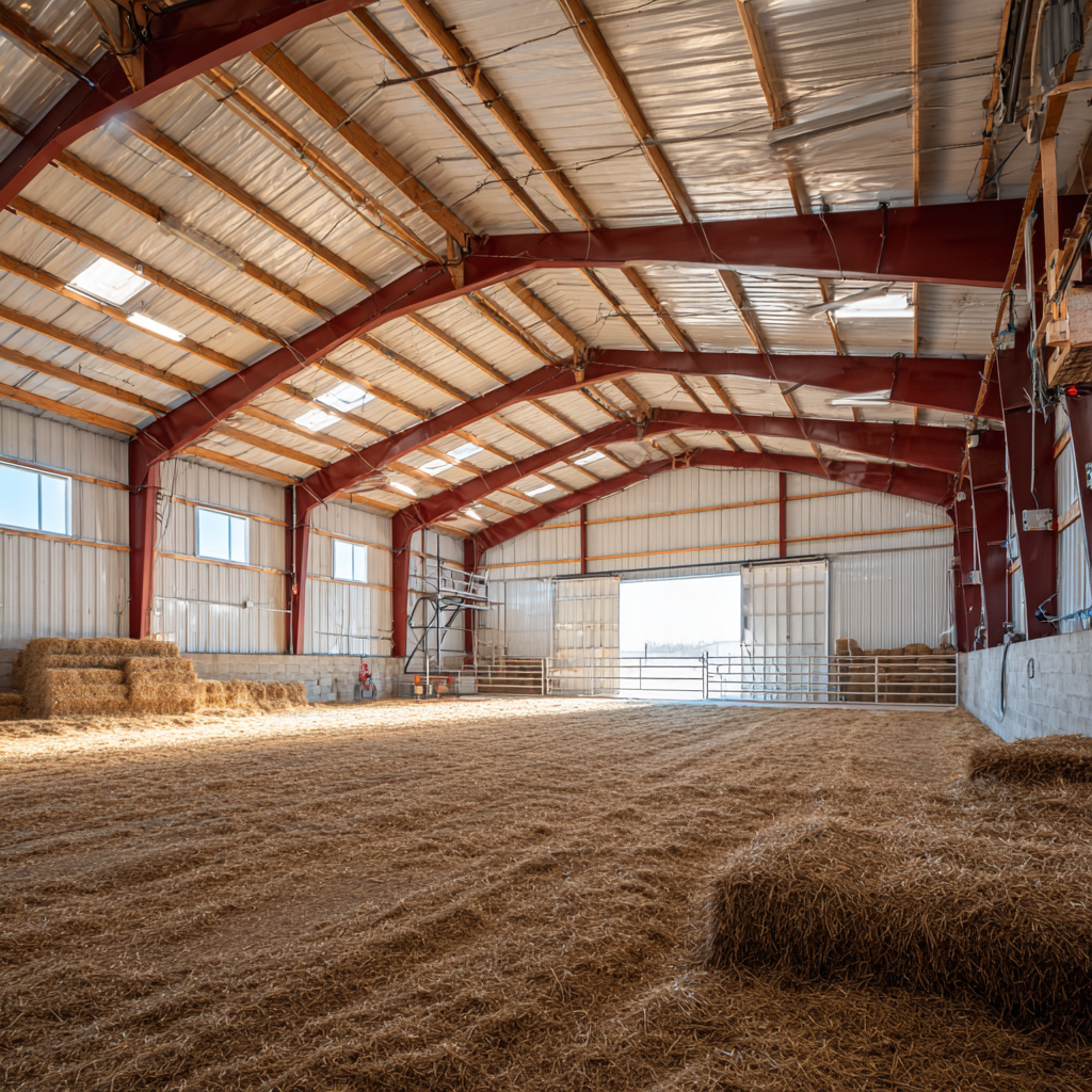 Steel equipment and hay barn interior with clear-span roof