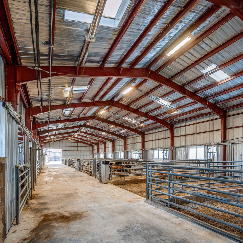 Steel livestock barn interior with cattle pens and LED lighting