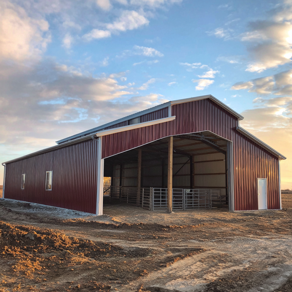 Red multi-purpose farm barn with open front at sunset
