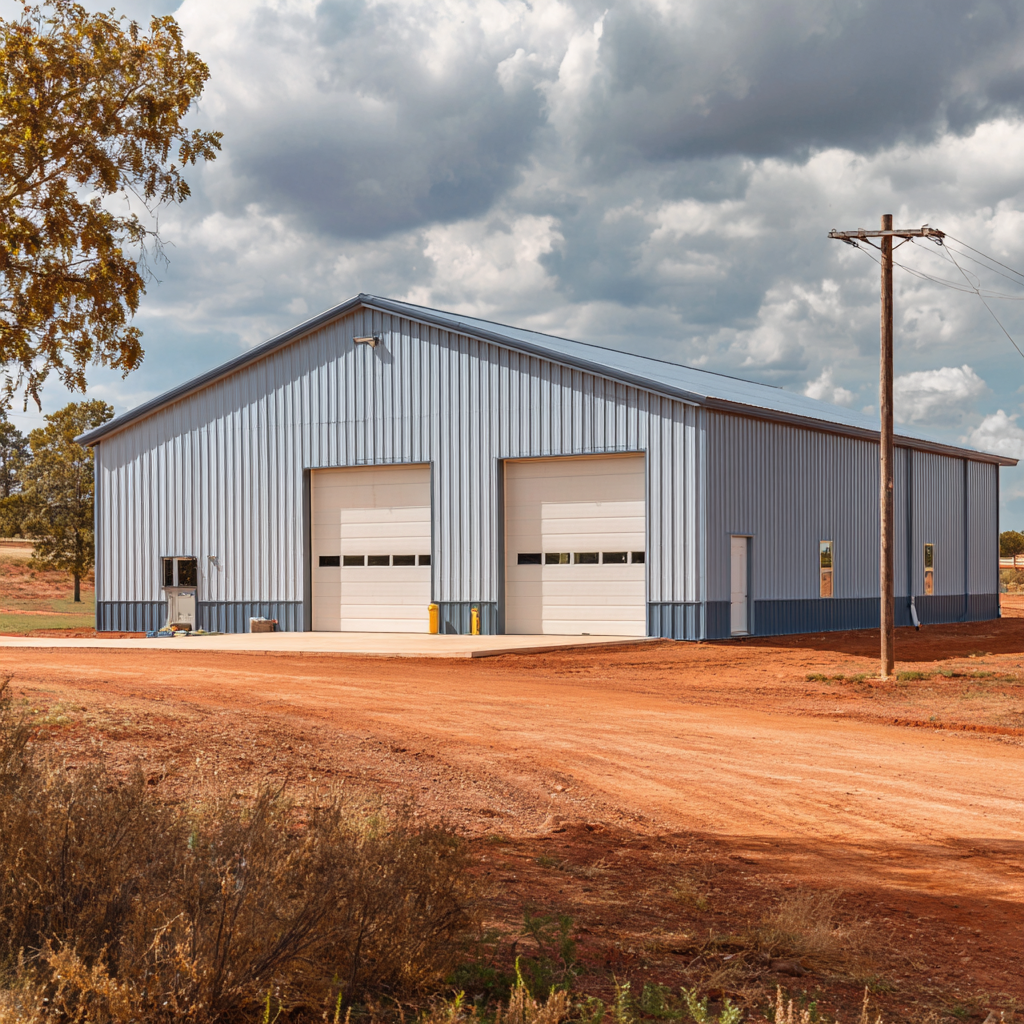Steel workshop and garage barn with two roll-up doors